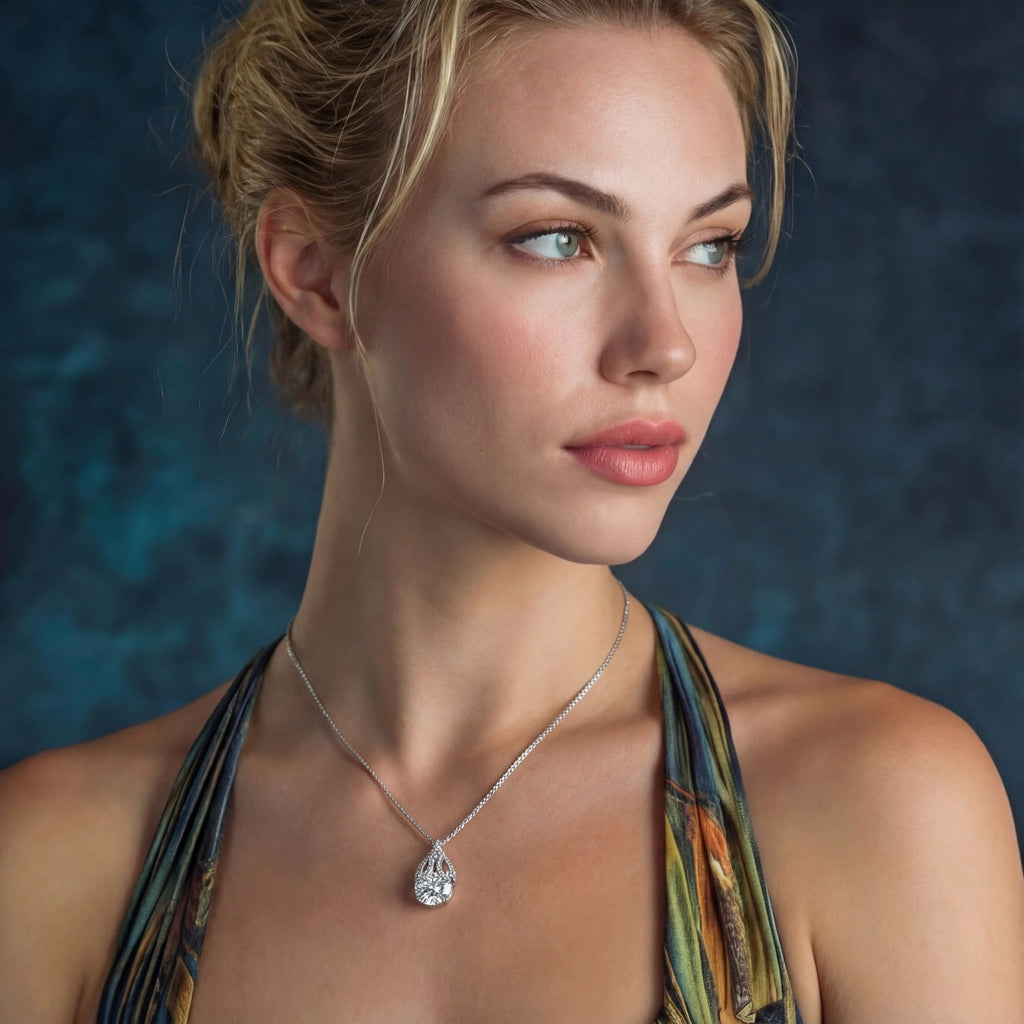Anointed Garments teardrop necklace with a 5-carat round moissanite pendant on a platinum-plated sterling silver chain