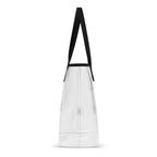 Anointed Garments transparent TPU tote bag with black trim and shoulder straps, side view on a white background.