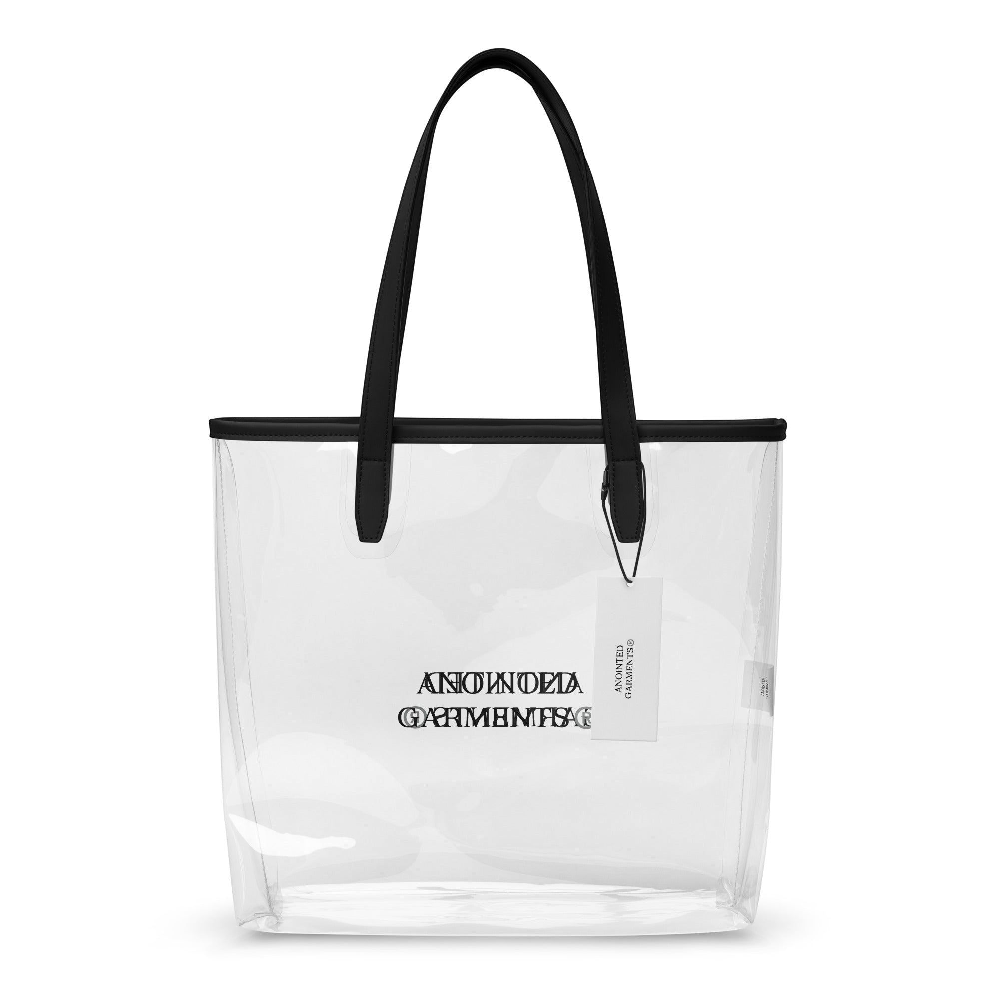 Anointed Garments transparent TPU tote bag with black trim and shoulder straps, featuring a minimalist clear design.