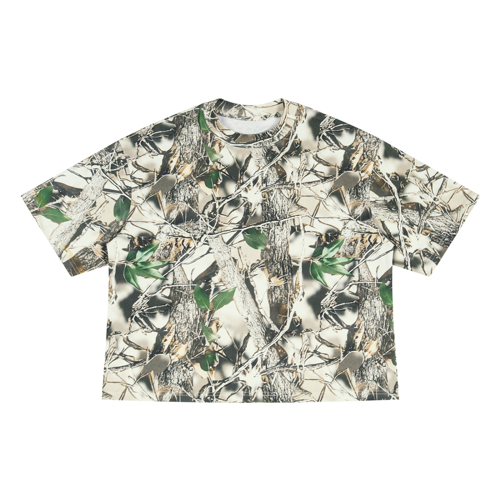 Anointed Garments unisex boxy tee featuring an all-over woodland tree camo print on 100% cotton with drop shoulders.