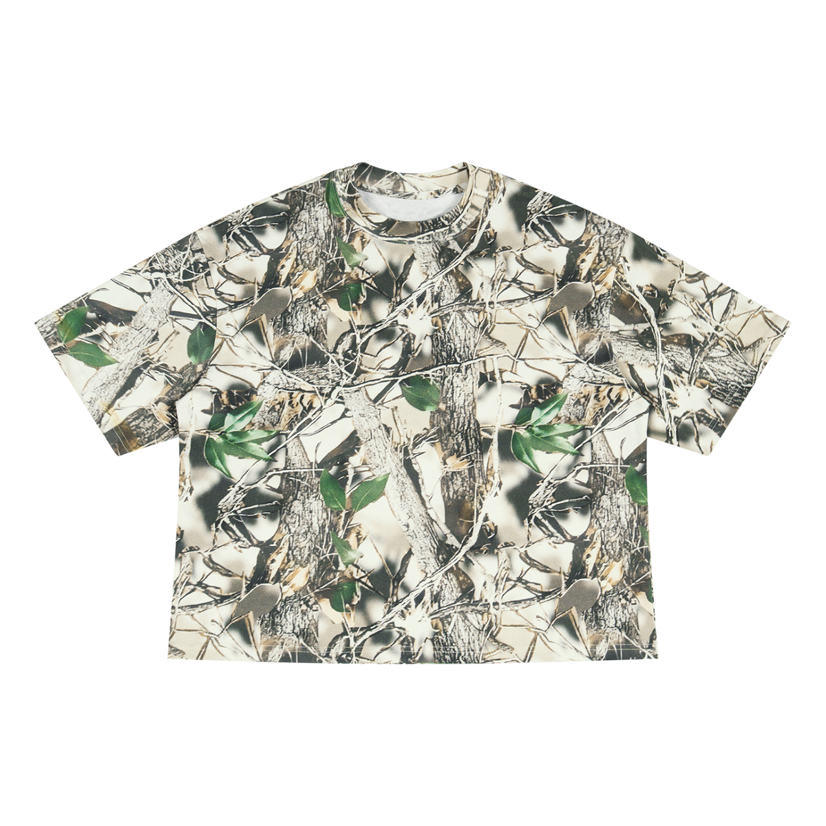 Anointed Garments unisex boxy tee featuring an all-over woodland tree camo print on 100% cotton with drop shoulders.