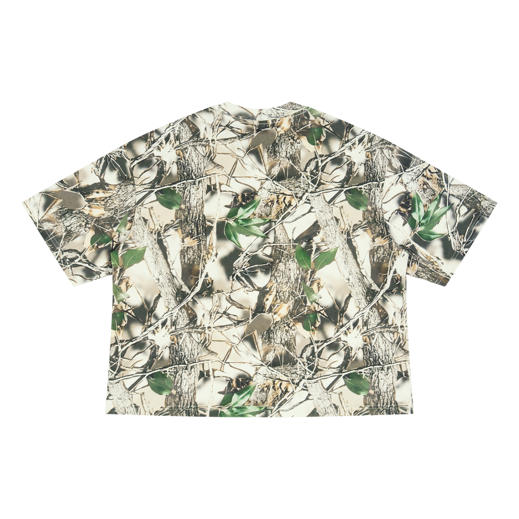 Anointed Garments unisex boxy t-shirt in a woodland tree camo print with drop shoulders and a relaxed fit.