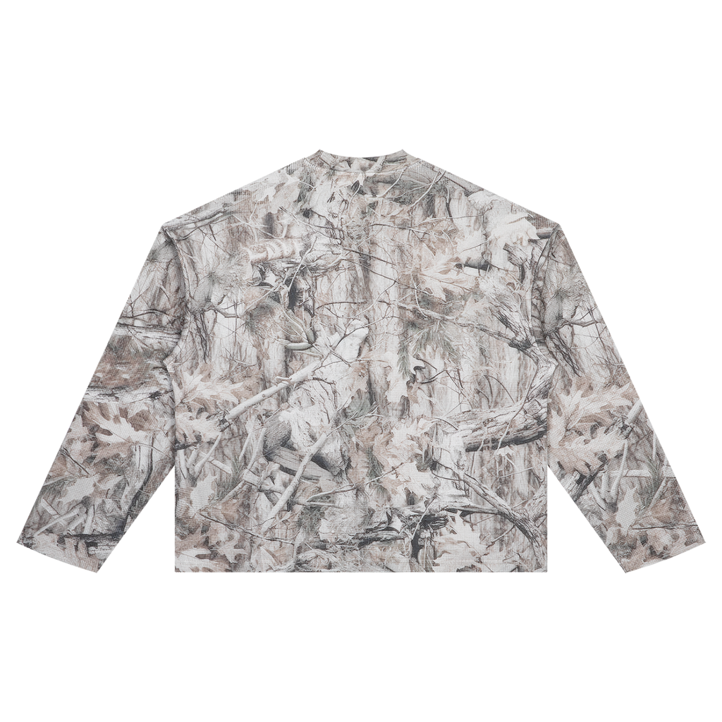 Anointed Garments unisex long sleeve waffle tee in a neutral tree camo print with a relaxed oversized fit.