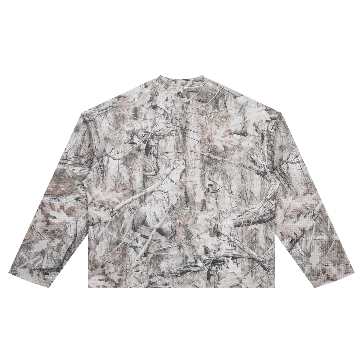Anointed Garments unisex long sleeve waffle tee in a neutral tree camo print with a relaxed oversized fit.