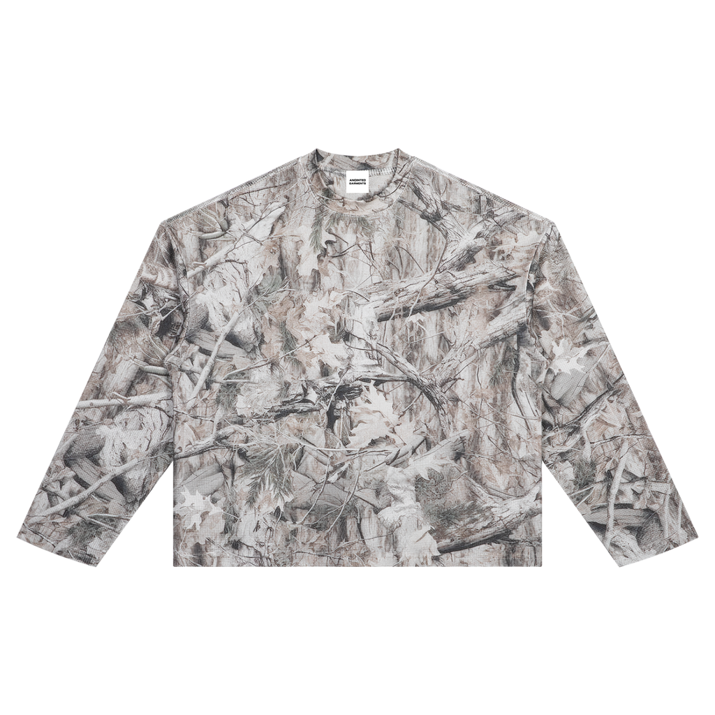 Anointed Garments unisex long sleeve tee in tree camo print with a textured waffle-knit cotton blend and drop shoulders.
