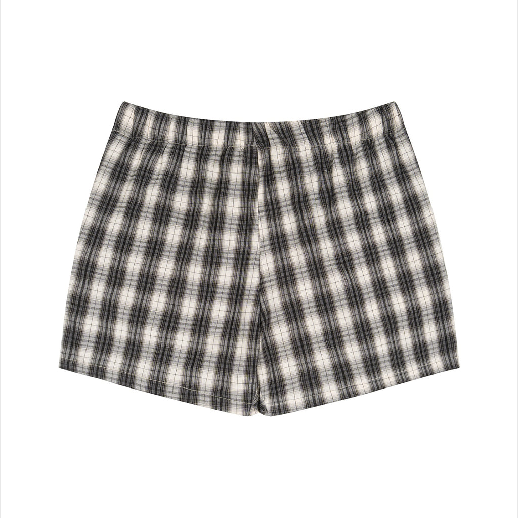 Anointed Garments unisex plaid shorts in black and white, featuring a comfortable elastic waist and lightweight fabric.