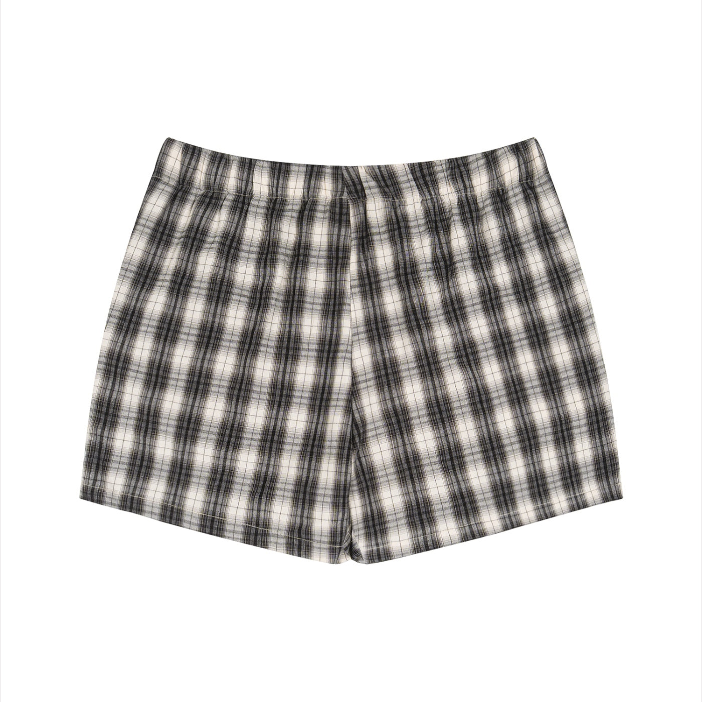 Anointed Garments unisex plaid shorts in black and white, featuring a comfortable elastic waist and lightweight fabric.
