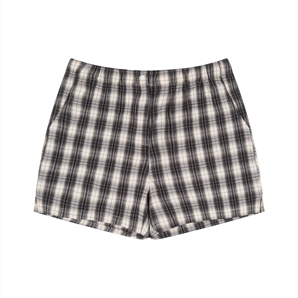 Anointed Garments unisex plaid shorts in black and white with an elastic waist, button closure, and side pockets.