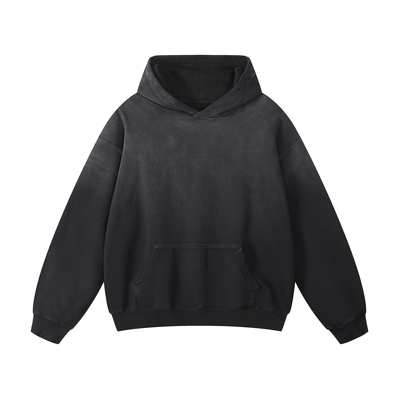 Anointed Garments Essential Pullover Hoodie in a vintage-washed black heavyweight cotton with a front kangaroo pocket.