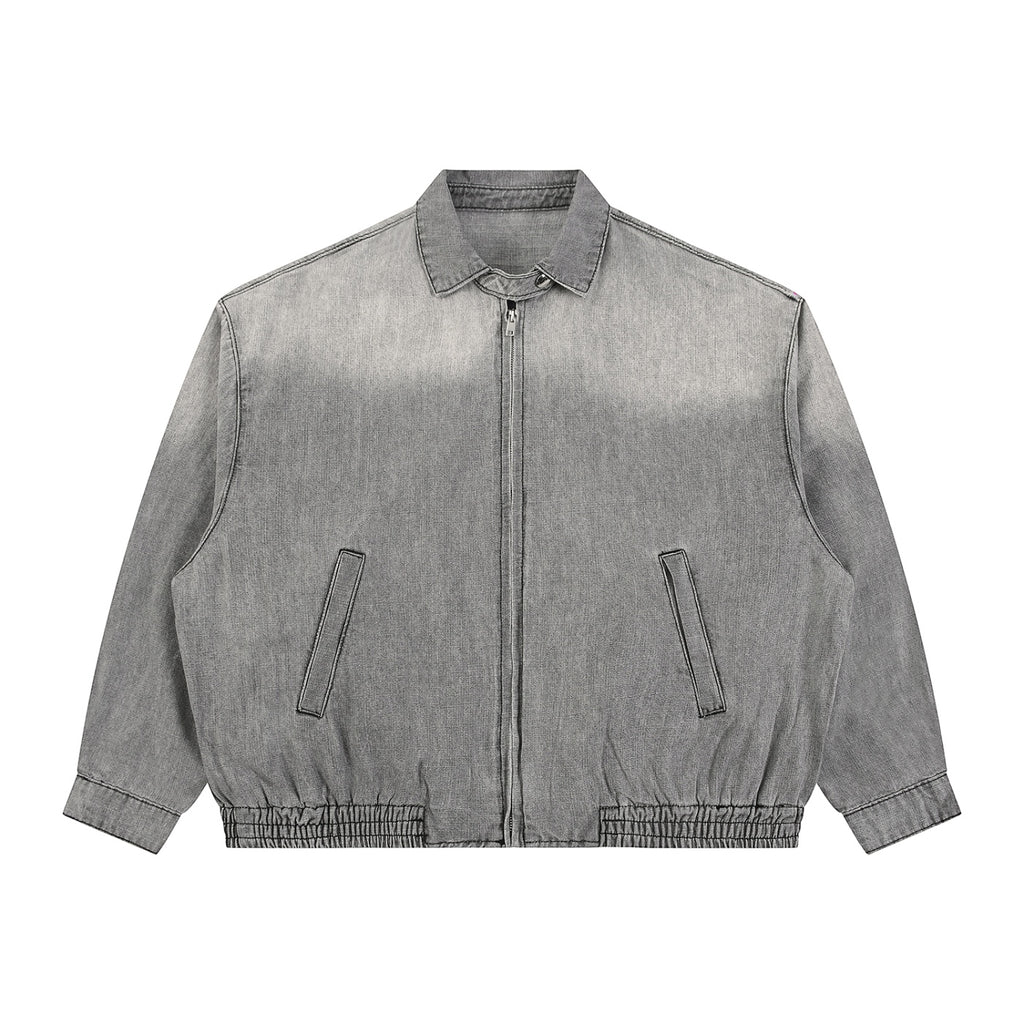 Anointed Garments unisex vintage wash grey denim jacket with a full-zip front, lapel collar, and elasticated hem.