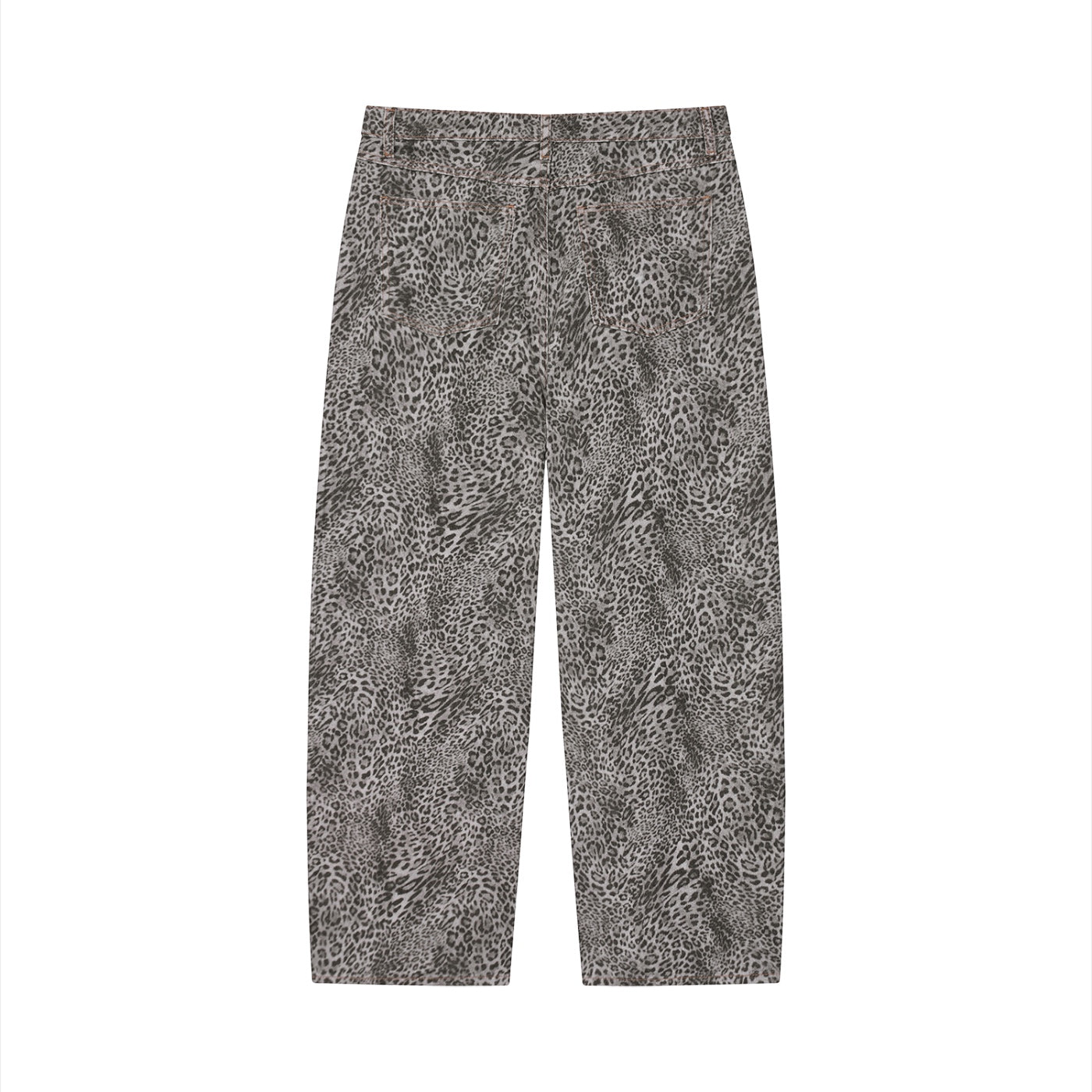 Anointed Garments unisex wide leg jeans in a vintage wash grey leopard print made from 100% cotton.