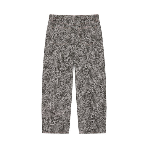 Anointed Garments unisex wide leg jeans in a vintage wash grey leopard print made from 100% cotton.