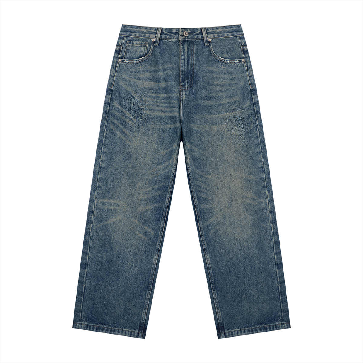 Anointed Garments men's vintage wash loose fit jeans with straight-leg silhouette, whiskering, and mid-rise waist.