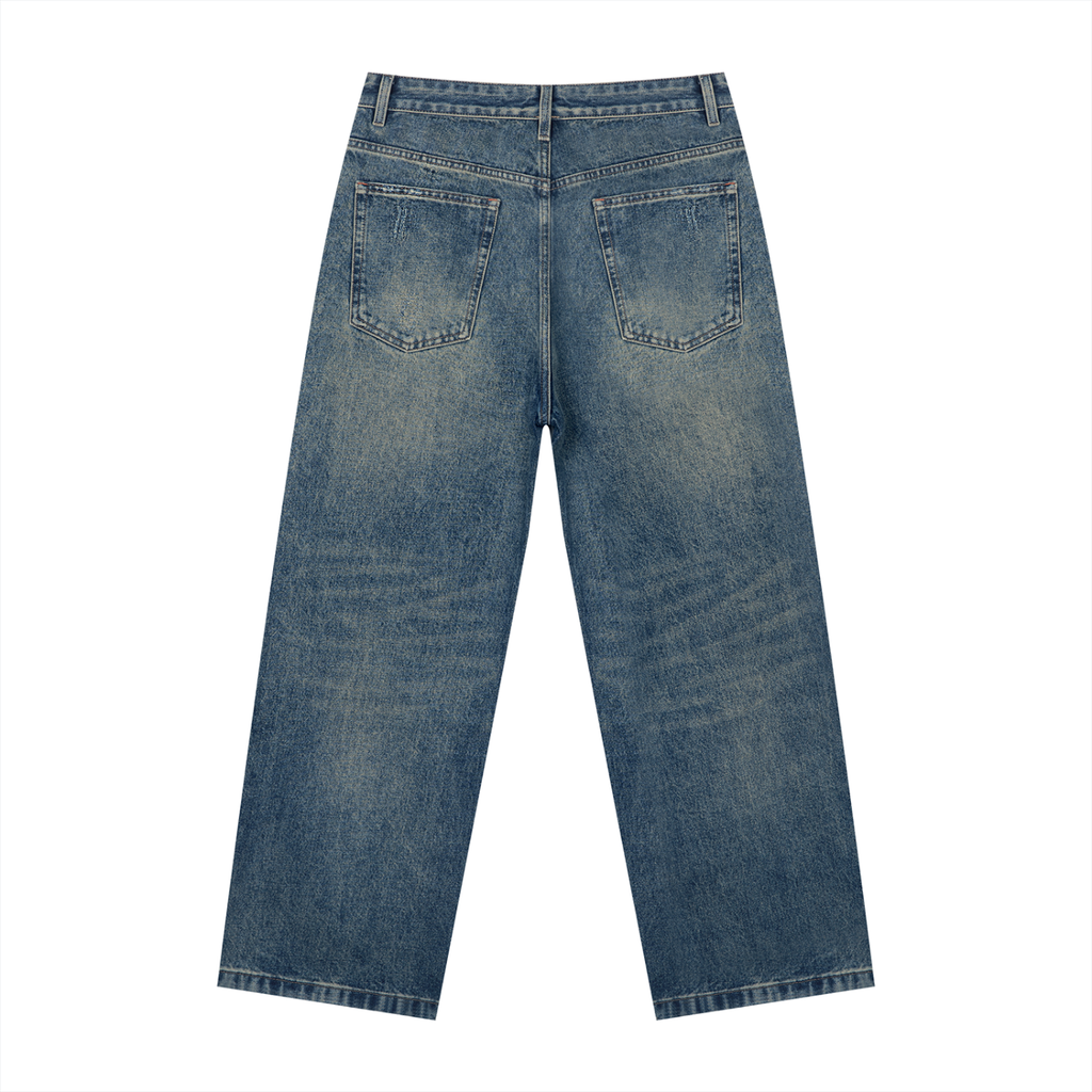 Anointed Garments men's vintage loose fit jeans in blue denim with a straight-leg silhouette and back pocket detail.