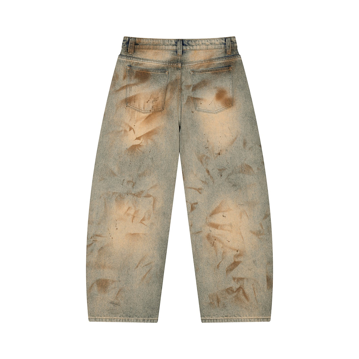 Anointed Garments men's relaxed barrel-leg jeans in vintage wash denim with distressed brown sun-faded accents.