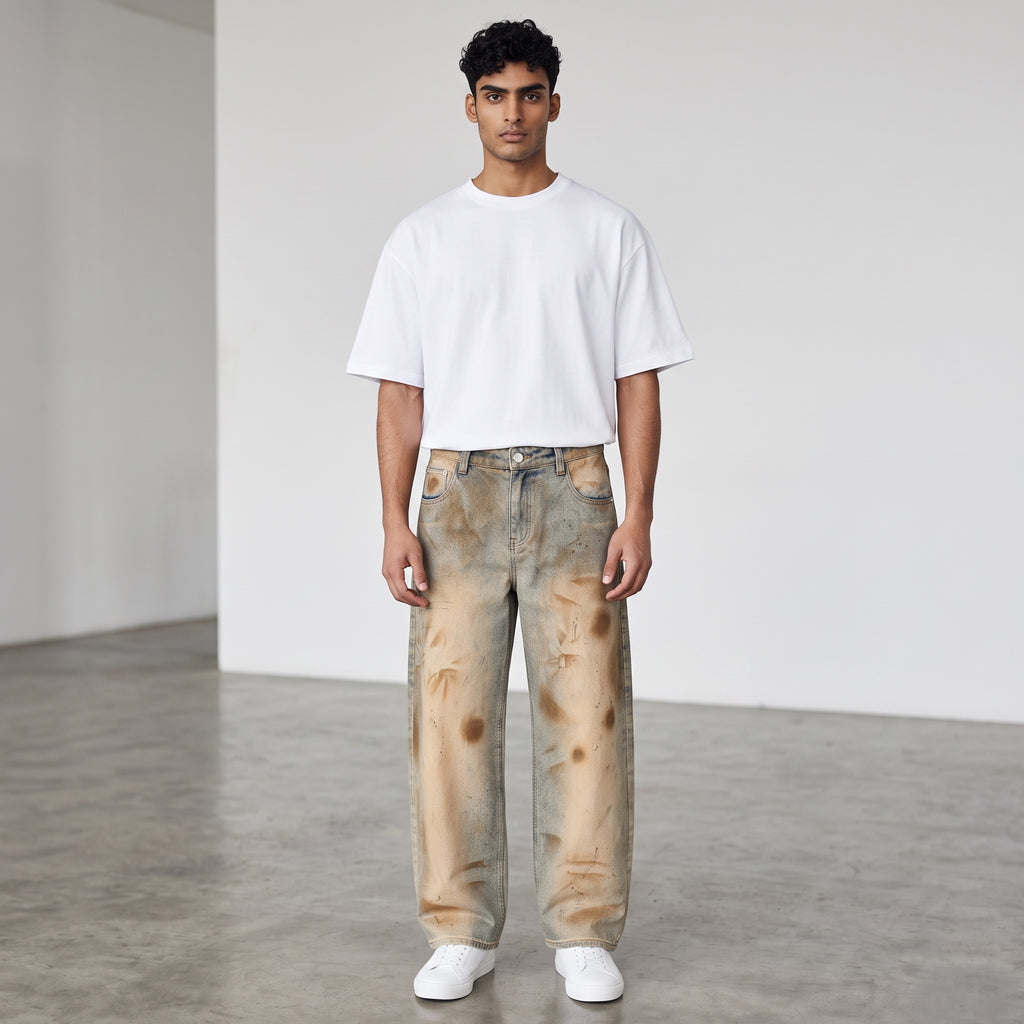 Model wearing Anointed Garments relaxed barrel-leg denim jeans with a vintage wash and distressed sun-faded details.