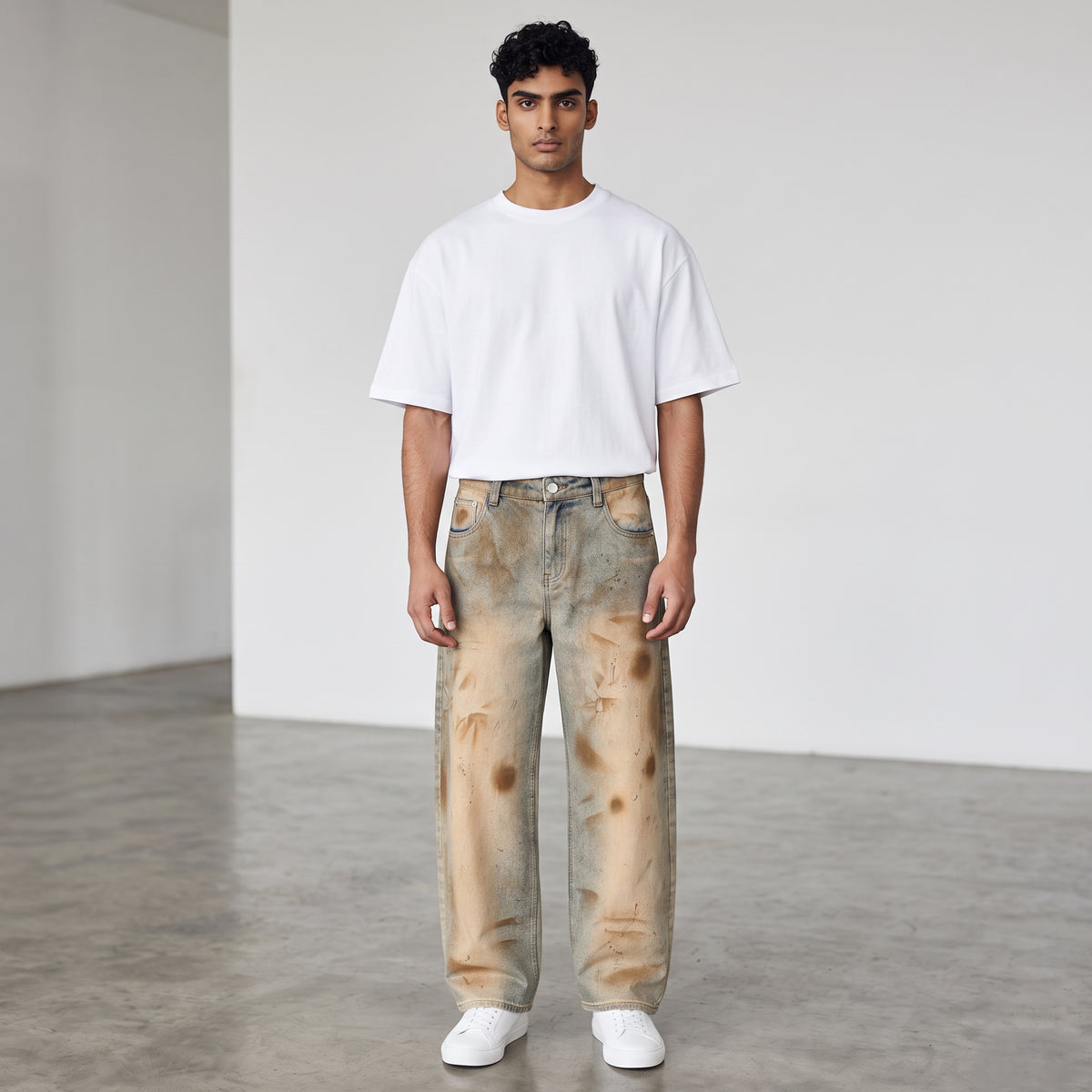 Model wearing Anointed Garments relaxed barrel-leg denim jeans with a vintage wash and distressed sun-faded details.