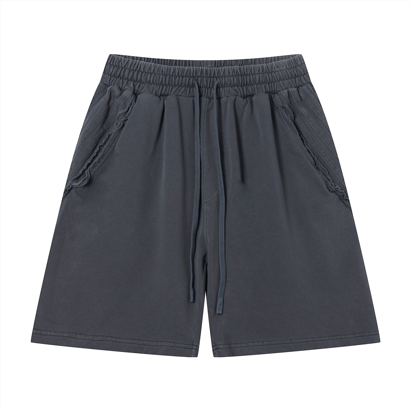 Anointed Garments unisex vintage wash cotton shorts in charcoal grey with an elastic drawstring waist and raw edges.