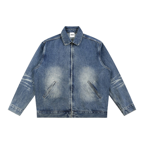 Anointed Garments unisex vintage wash blue denim zip-up jacket with drop shoulders and a classic lapel collar.