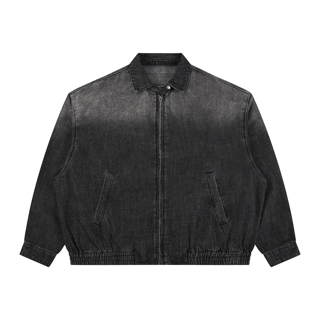 Anointed Garments unisex vintage wash black denim jacket with a full-zip front, lapel collar, and elastic hem.