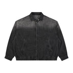 Anointed Garments unisex vintage wash black denim jacket with a full-zip front, lapel collar, and elastic hem.