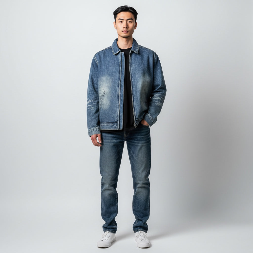 Anointed Garments unisex vintage wash blue denim zip-up jacket worn by a man with matching jeans and white sneakers.