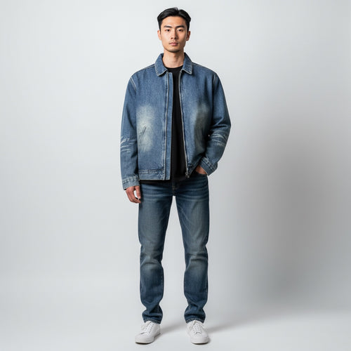 Anointed Garments unisex vintage wash blue denim zip-up jacket worn by a man with matching jeans and white sneakers.
