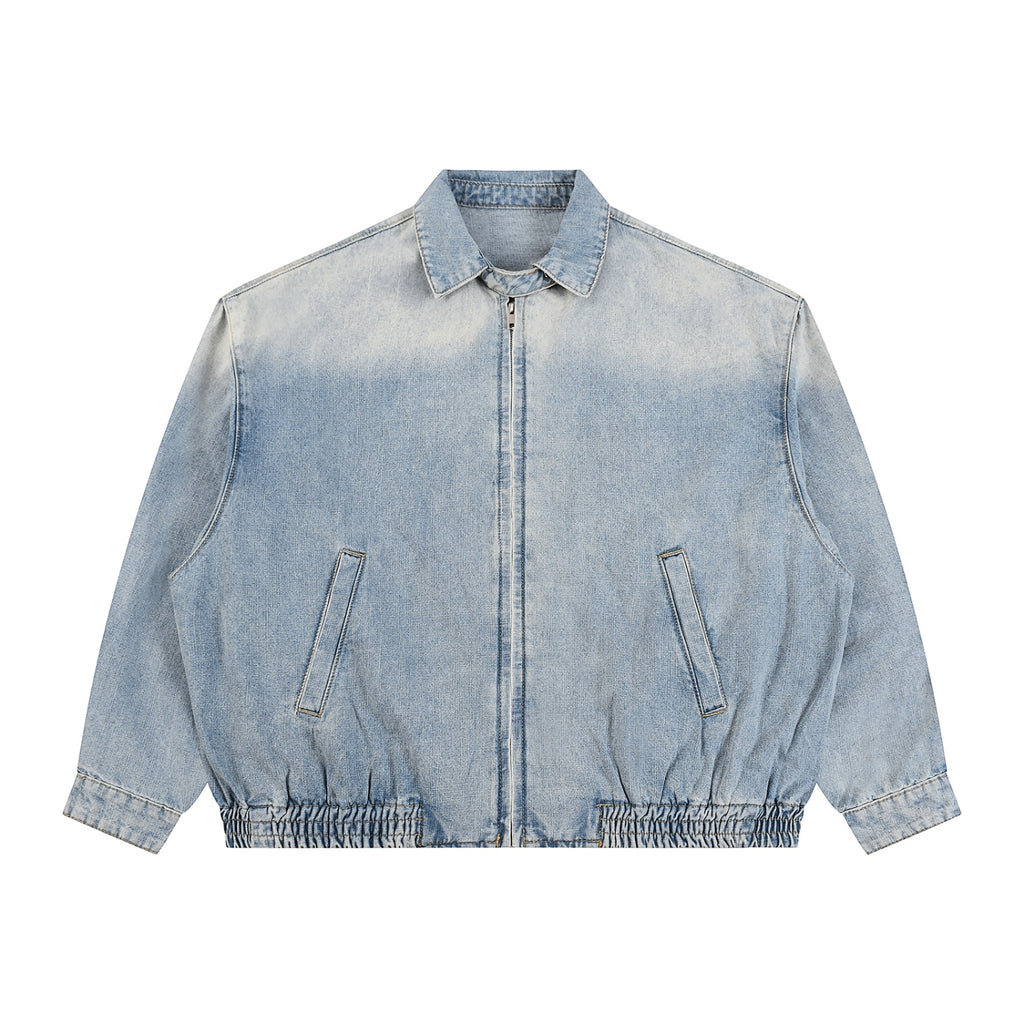 Anointed Garments unisex vintage wash denim jacket with a full-zip front, lapel collar, and elasticated hem.