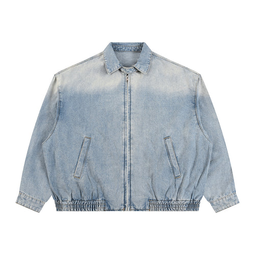 Anointed Garments unisex vintage wash denim jacket with a full-zip front, lapel collar, and elasticated hem.