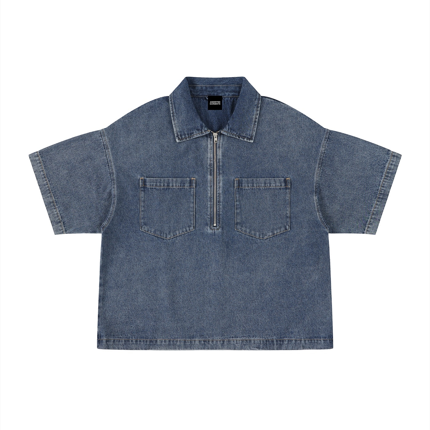 Anointed Garments unisex vintage wash denim shirt with a quarter-zip, lapel collar, and two chest pockets.