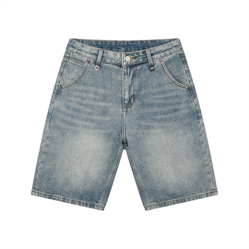 Anointed Garments men's vintage wash denim shorts in a light blue cotton blend with a loose fit and mid-waist design.