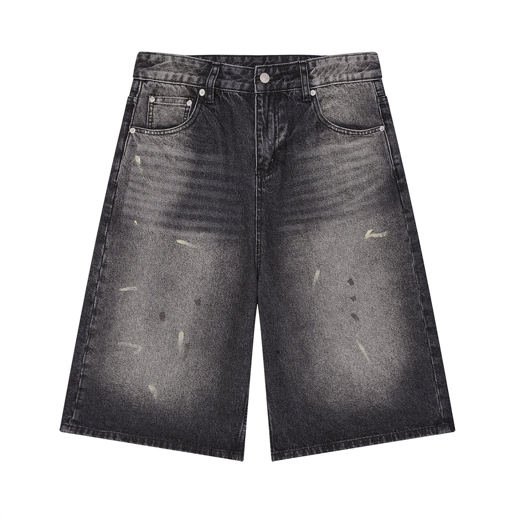 Anointed Garments men's vintage wash wide leg denim shorts in black with a distressed finish and button closure.