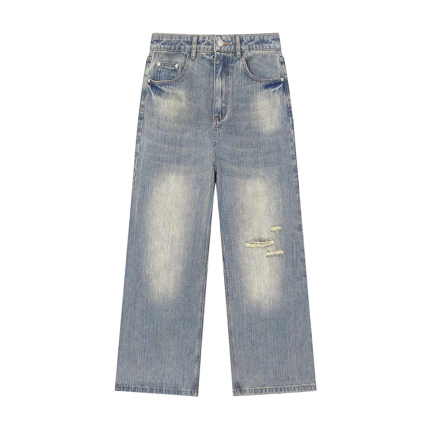 Anointed Garments vintage wash wide leg denim jeans with distressed ripped detail and mid-waist fit.