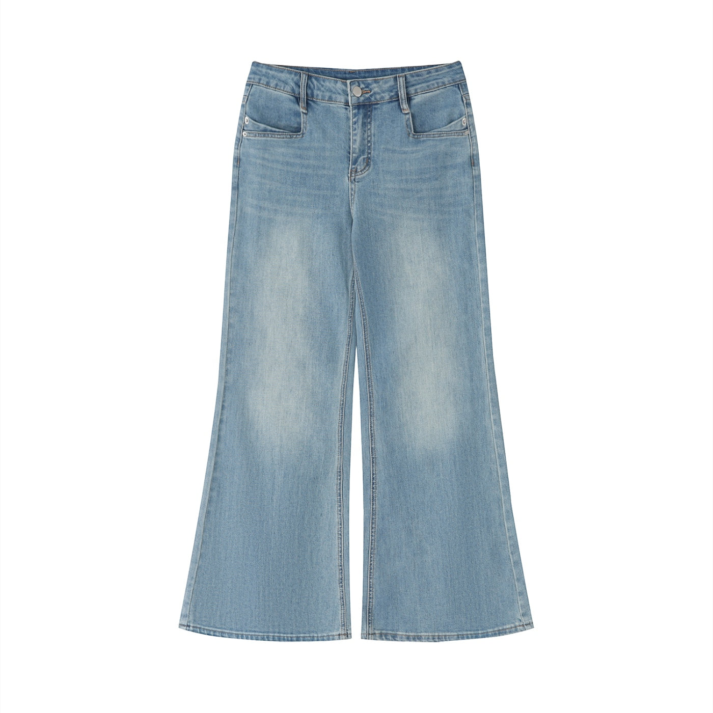 Anointed Garments women's vintage wash flared leg jeans in light blue cotton blend denim with a button closure.