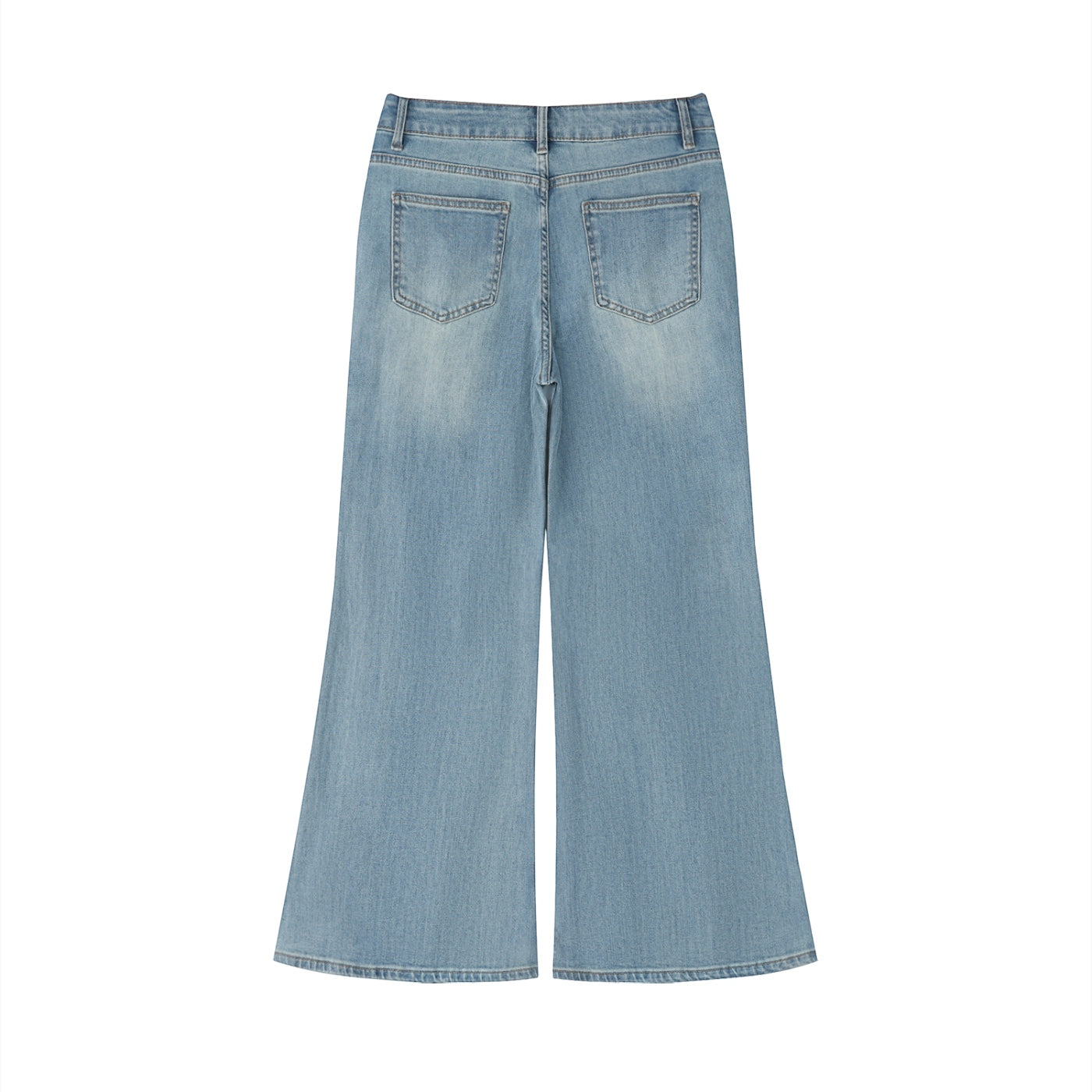 Anointed Garments women's vintage wash flared leg jeans in light blue cotton blend denim, back view.
