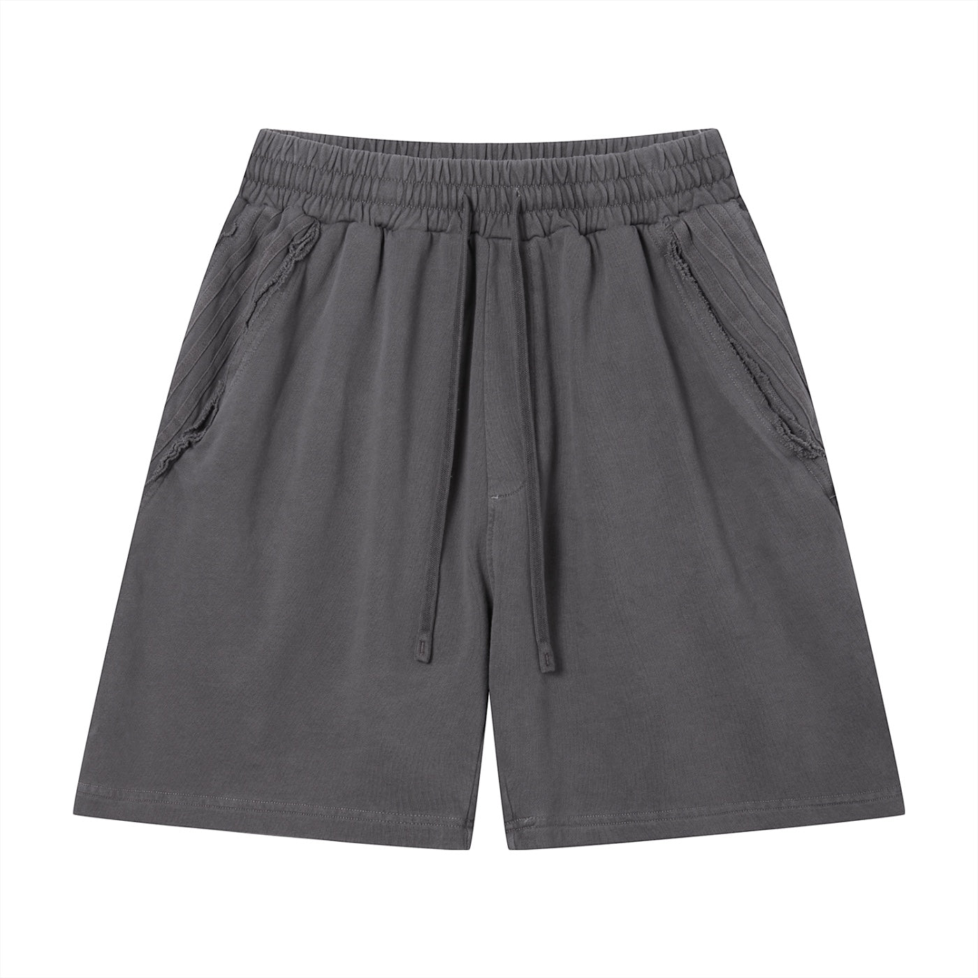 Anointed Garments unisex vintage wash grey cotton shorts with an elastic drawstring waist and raw edge pocket details.