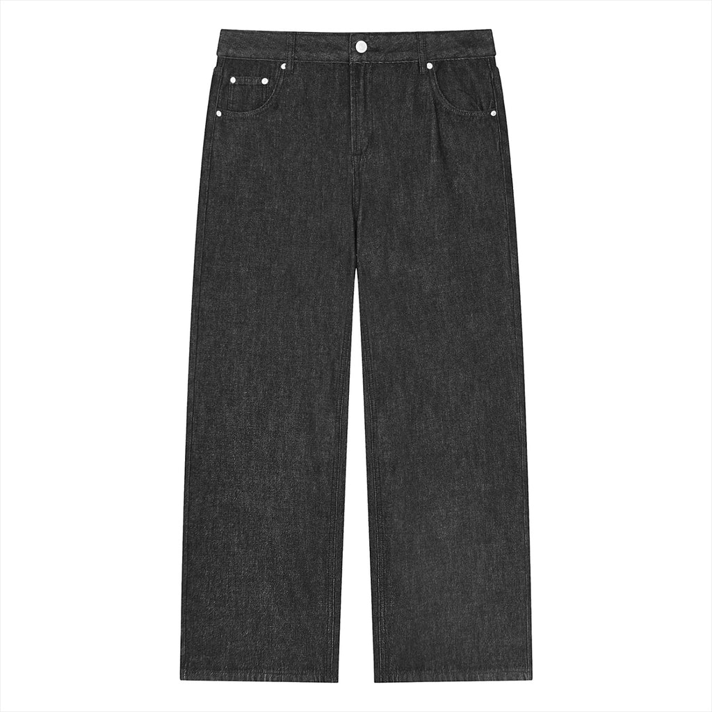 Anointed Garments unisex vintage wash straight leg jeans in charcoal grey cotton blend with a mid-waist fit.
