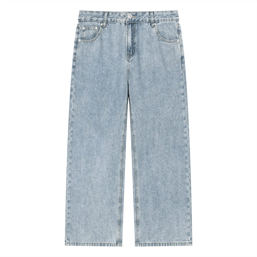 Anointed Garments unisex vintage wash straight leg jeans in light blue cotton blend denim with a mid-waist fit.