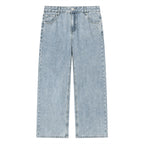 Anointed Garments unisex vintage wash straight leg jeans in light blue cotton blend denim with a mid-waist fit.