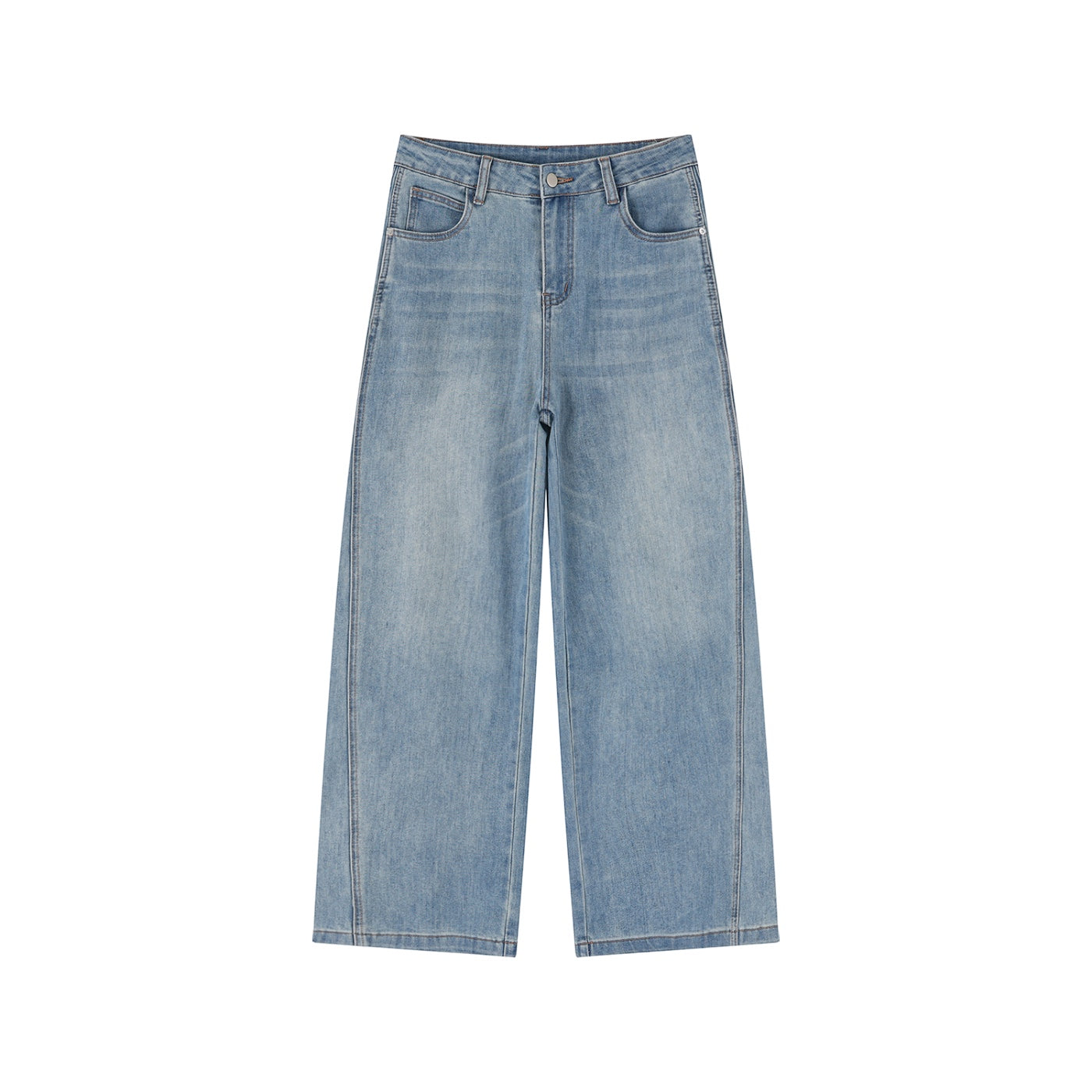 Anointed Garments women's high rise wide leg jeans in a vintage wash blue denim with classic pockets and button fly.