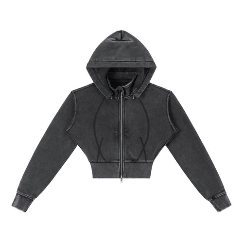 Anointed Garments vintage washed black cropped fleece hoodie with a full front zipper and long sleeves.