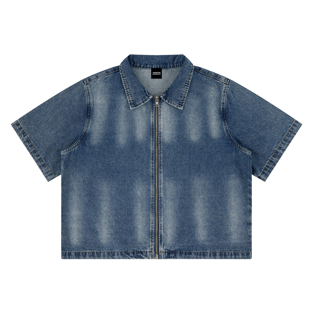 Anointed Garments unisex vintage washed blue denim shirt with a full-zip front, short sleeves, and a lapel collar.