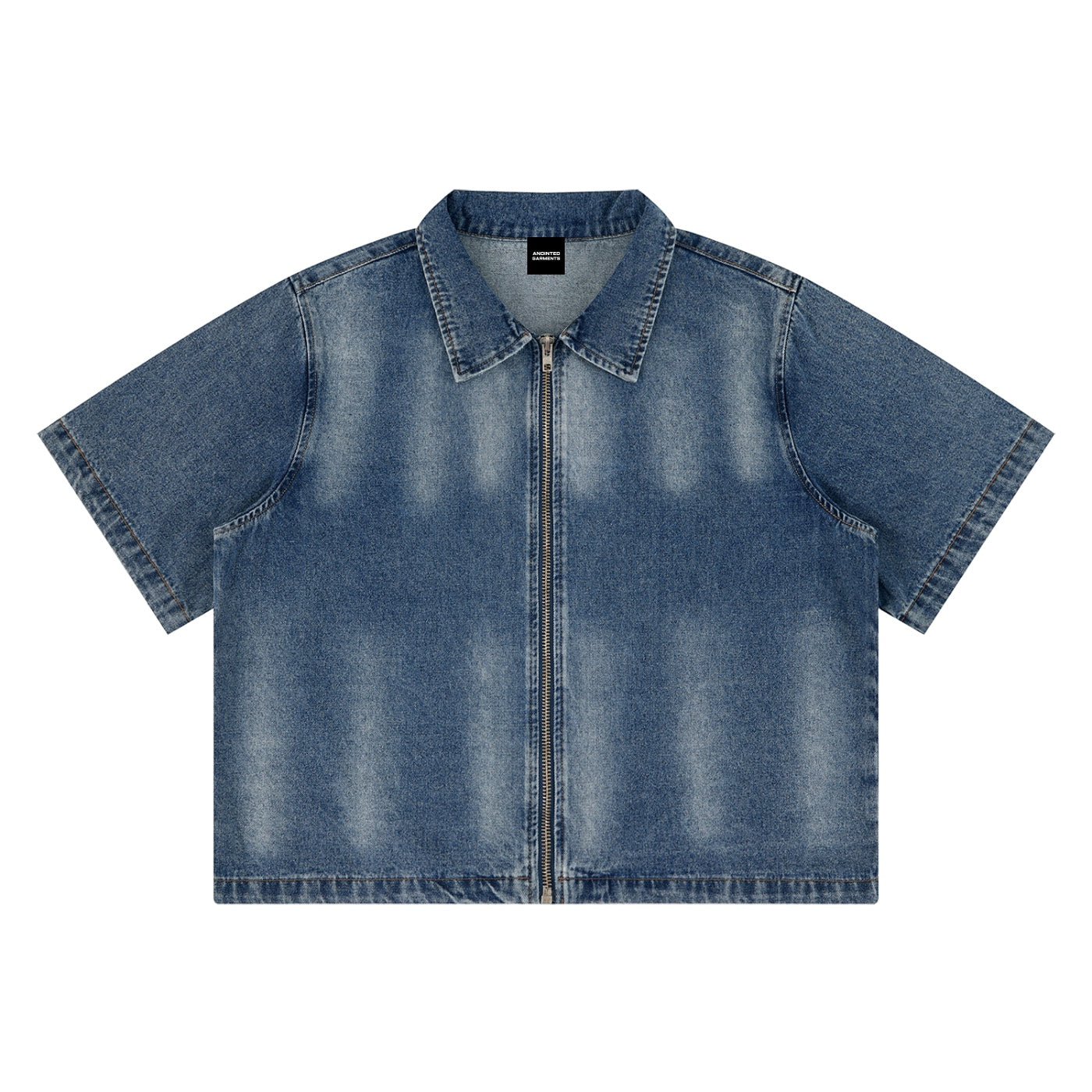 Anointed Garments unisex vintage washed blue denim shirt with a full-zip front, short sleeves, and a lapel collar.