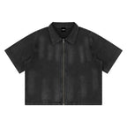 Anointed Garments unisex vintage washed black denim shirt with a full-zip front, lapel collar, and short sleeves.