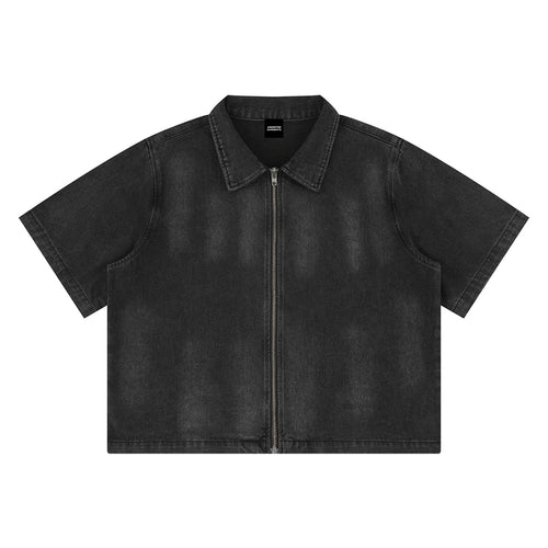 Anointed Garments unisex vintage washed black denim shirt with a full-zip front, lapel collar, and short sleeves.