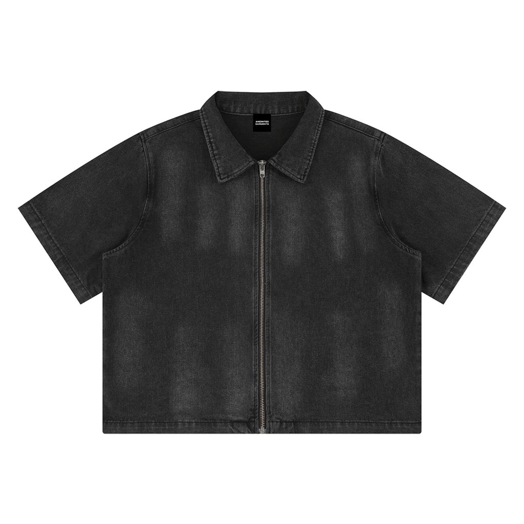 Anointed Garments unisex vintage washed black denim shirt with a full-zip front, lapel collar, and short sleeves.