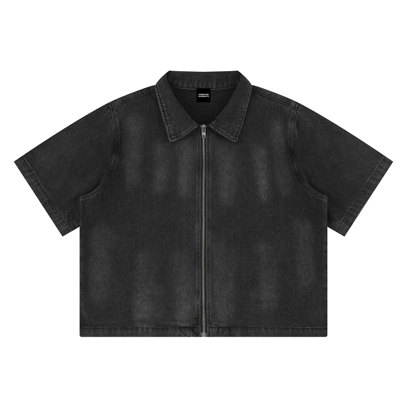 Anointed Garments unisex vintage washed black denim shirt with a full-zip front, lapel collar, and short sleeves.