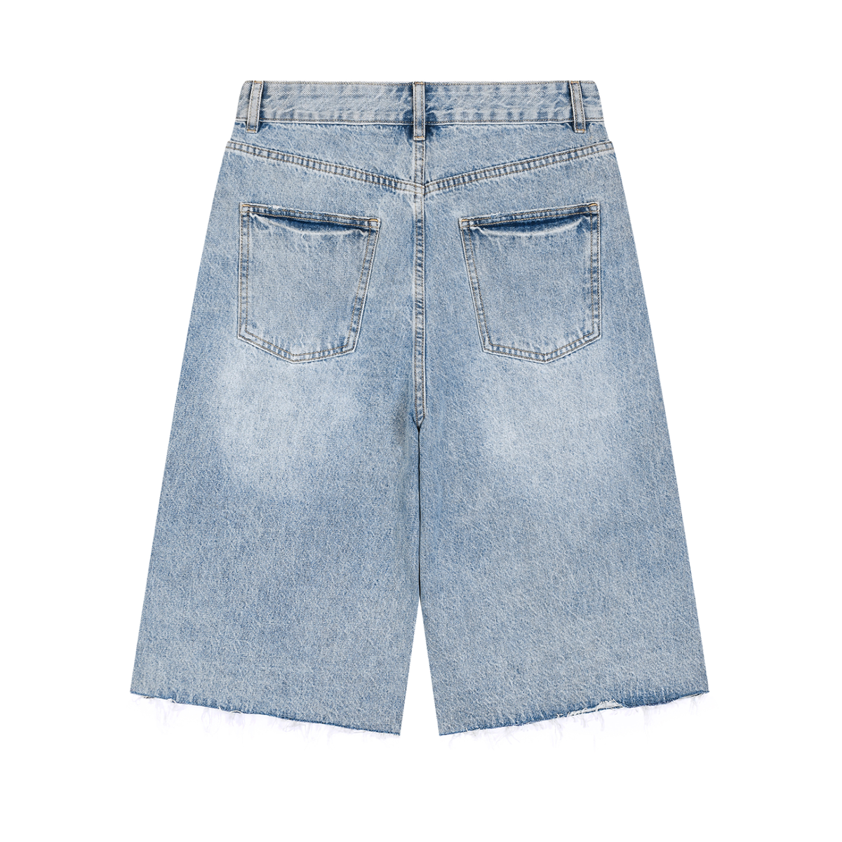 Anointed Garments vintage washed denim shorts in light blue with a wide-leg silhouette, back pockets, and raw hem.