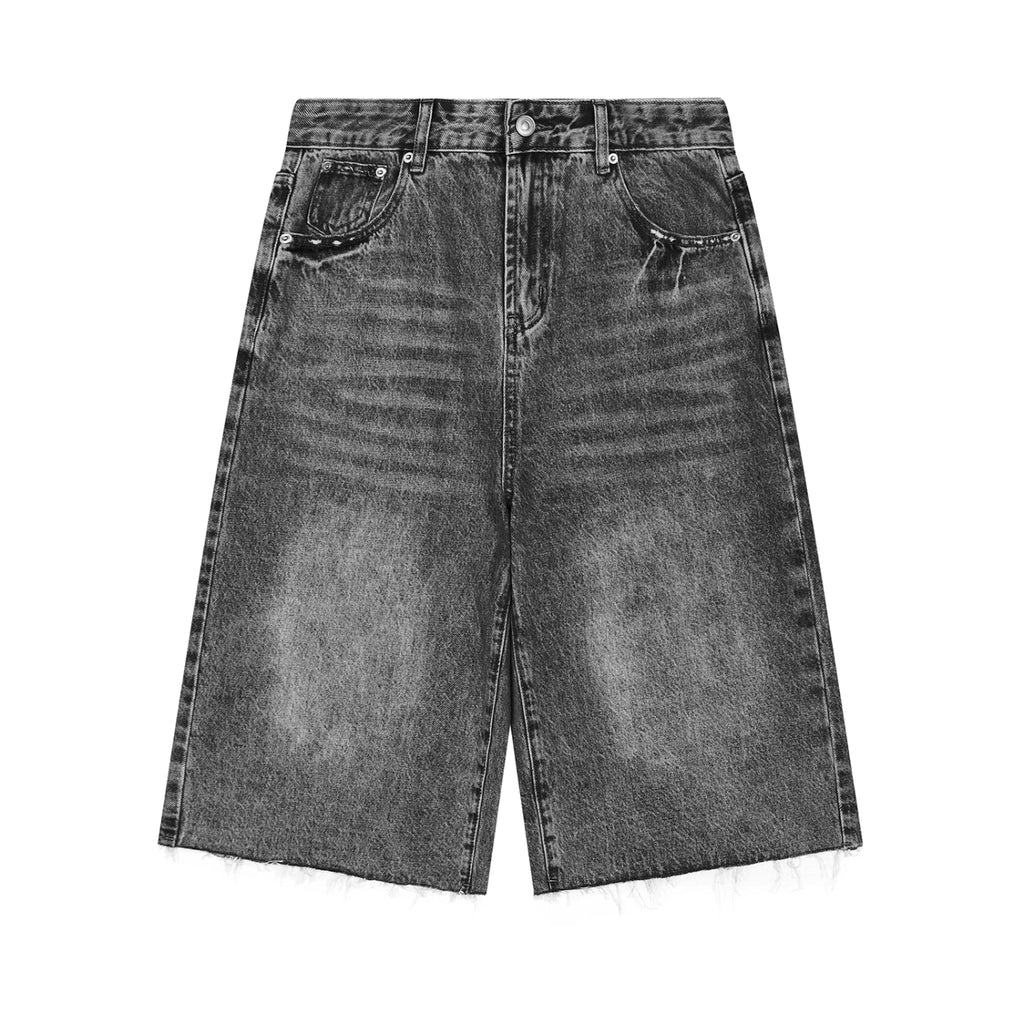 Anointed Garments vintage washed denim shorts in charcoal grey with a wide-leg, knee-length fit and raw hem detail.