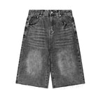 Anointed Garments vintage washed denim shorts in charcoal grey with a wide-leg, knee-length fit and raw hem detail.